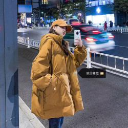薑黃色羽絨棉服女2024年冬季中長款小個子韓版學院風加厚麵包服潮