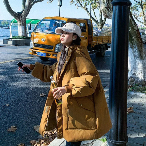 薑黃色羽絨棉服女2024年冬季中長款小個子韓版學院風加厚麵包服潮 薑黃色羽絨棉服女2024年冬季中長款小個子韓版學院風加厚麵包服潮