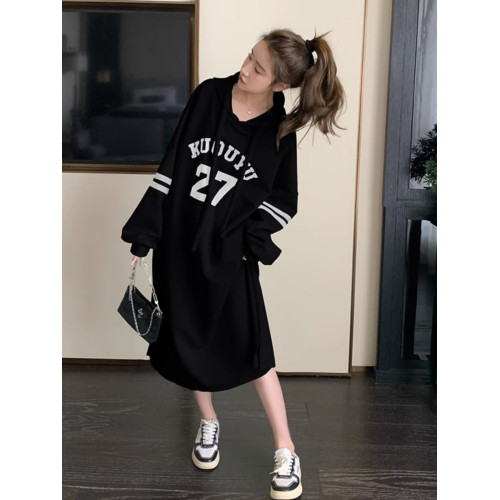 大碼胖mm300斤連帽衛衣長裙女春秋季寬松顯瘦遮肚子慵懶風連衣裙