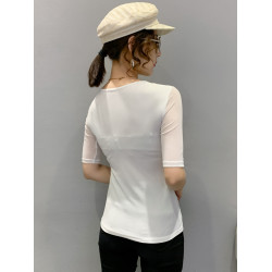 網紗純色V領t恤女中袖春秋季2025新款修身半袖內搭打底衫洋氣上衣