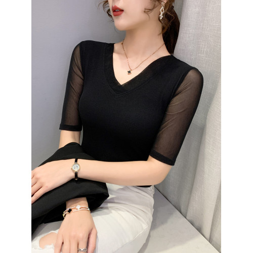 網紗純色V領t恤女中袖春秋季2025新款修身半袖內搭打底衫洋氣上衣