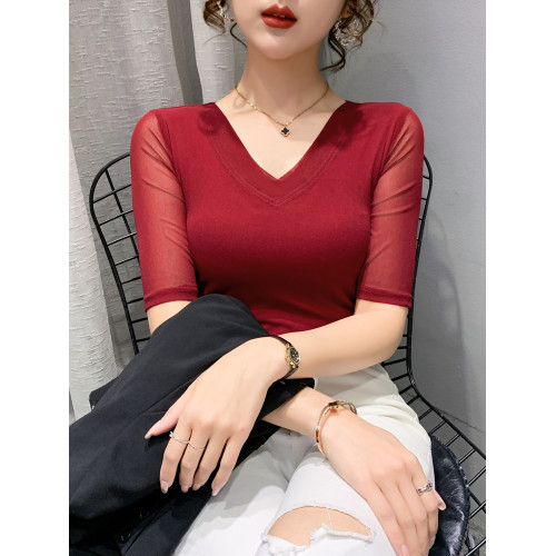網紗純色V領t恤女中袖春秋季2025新款修身半袖內搭打底衫洋氣上衣