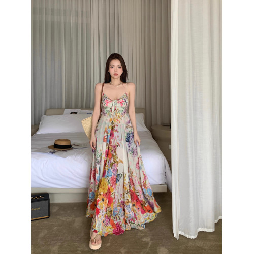 彩色碎花吊帶連衣裙法式裙子女夏季新款收腰A字裙海邊度假風長裙