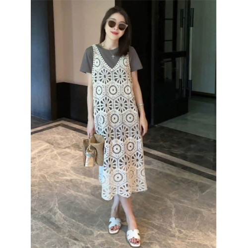 法式鏤空吊帶短袖連衣裙套裝女2025年夏季新款高級感洋氣兩件套潮