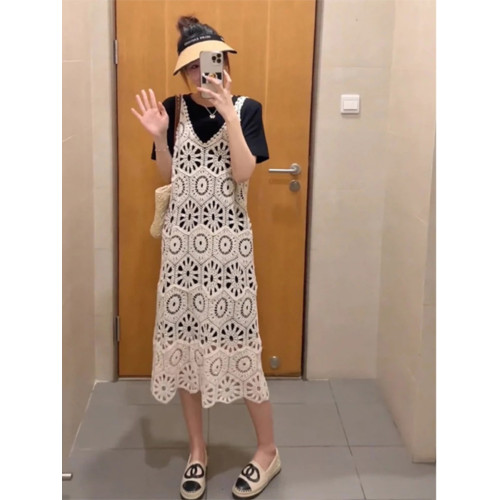 法式鏤空吊帶短袖連衣裙套裝女2025年夏季新款高級感洋氣兩件套潮