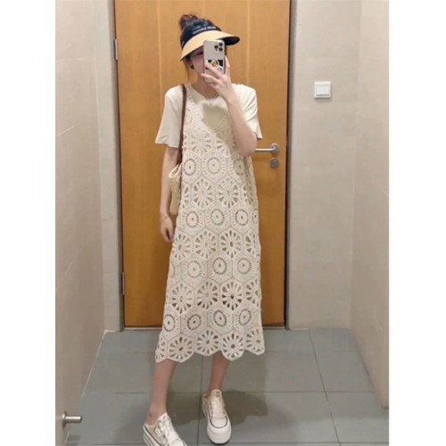 法式鏤空吊帶短袖連衣裙套裝女2025年夏季新款高級感洋氣兩件套潮