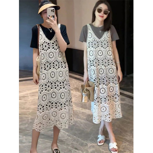 法式鏤空吊帶短袖連衣裙套裝女2025年夏季新款高級感洋氣兩件套潮