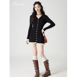 柴十七赫本風小黑裙女秋冬新款裙子約會短裙氣質針織連衣裙小個子