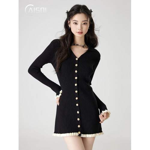 柴十七赫本風小黑裙女秋冬新款裙子約會短裙氣質針織連衣裙小個子