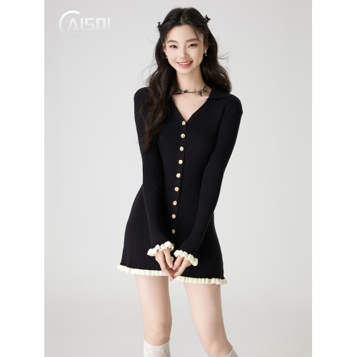 柴十七赫本風小黑裙女秋冬新款裙子約會短裙氣質針織連衣裙小個子