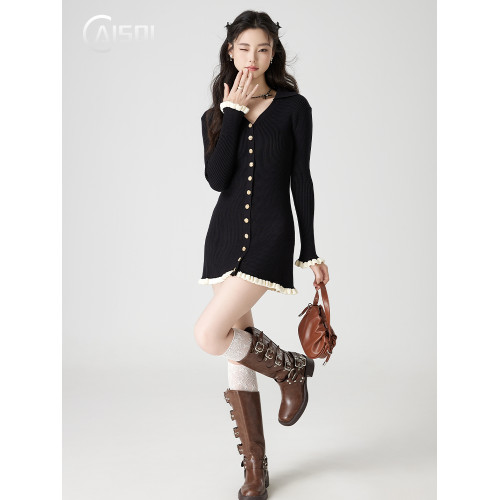 柴十七赫本風小黑裙女秋冬新款裙子約會短裙氣質針織連衣裙小個子