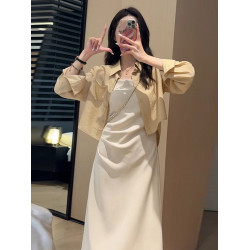 法式吊帶連衣裙子女裝2025新款秋冬季氣質韓系穿搭高級感套裝長裙