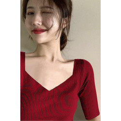 2025夏裝新款v領短袖羅紋針織t恤女修身緊身中袖打底衫上衣女