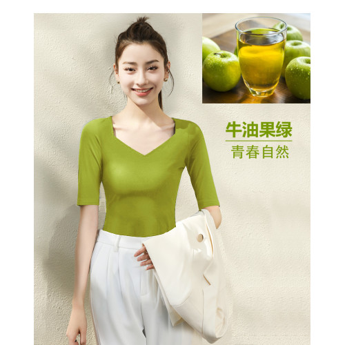 2025夏裝新款v領短袖羅紋針織t恤女修身緊身中袖打底衫上衣女