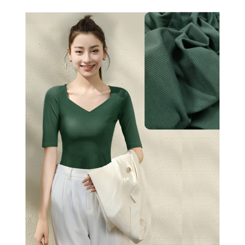 2025夏裝新款v領短袖羅紋針織t恤女修身緊身中袖打底衫上衣女