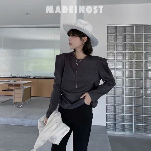 韓版直角肩泡泡袖長袖T恤秋冬新款內搭圓領打底衫寬松顯瘦上衣女