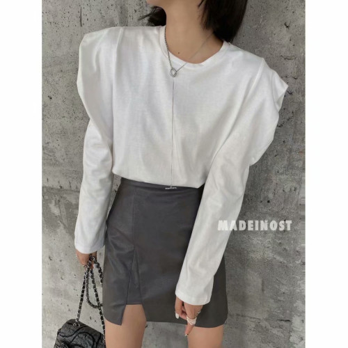 韓版直角肩泡泡袖長袖T恤秋冬新款內搭圓領打底衫寬松顯瘦上衣女