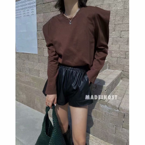 韓版直角肩泡泡袖長袖T恤秋冬新款內搭圓領打底衫寬松顯瘦上衣女