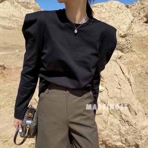 韓版直角肩泡泡袖長袖T恤秋冬新款內搭圓領打底衫寬松顯瘦上衣女