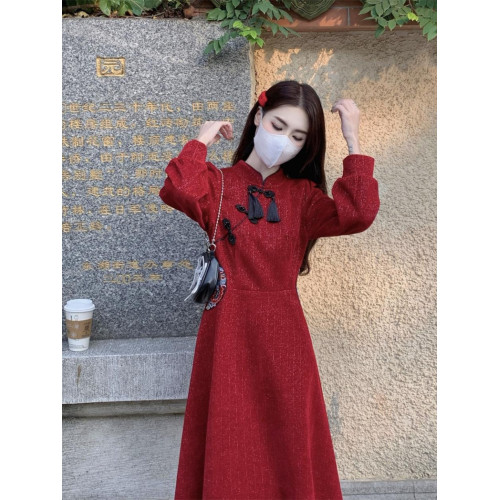 高級感國風盤釦紅色改良旗袍裙大碼胖mm新中式復古收腰顯瘦連衣裙