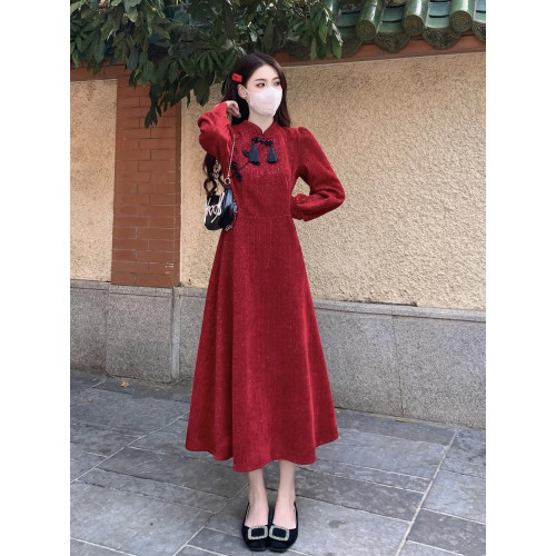 高級感國風盤釦紅色改良旗袍裙大碼胖mm新中式復古收腰顯瘦連衣裙