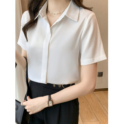 職業襯衫女短袖夏季小個子醋酸緞面工作服洋氣質正裝面試白色襯衣