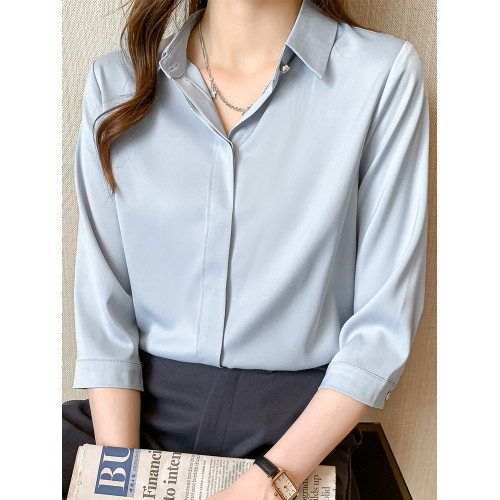 職業襯衫女短袖夏季小個子醋酸緞面工作服洋氣質正裝面試白色襯衣