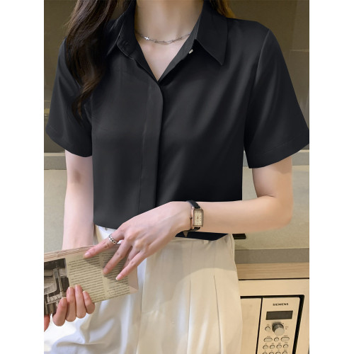 職業襯衫女短袖夏季小個子醋酸緞面工作服洋氣質正裝面試白色襯衣