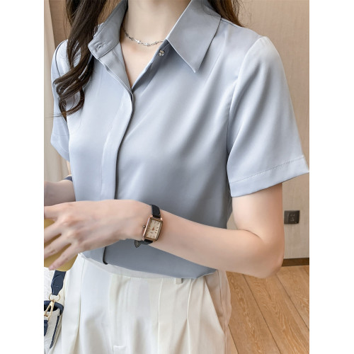 職業襯衫女短袖夏季小個子醋酸緞面工作服洋氣質正裝面試白色襯衣