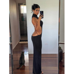 instunning 歐美金屬蝴蝶鏤空露背連衣裙女辣妹風顯瘦開叉長裙子