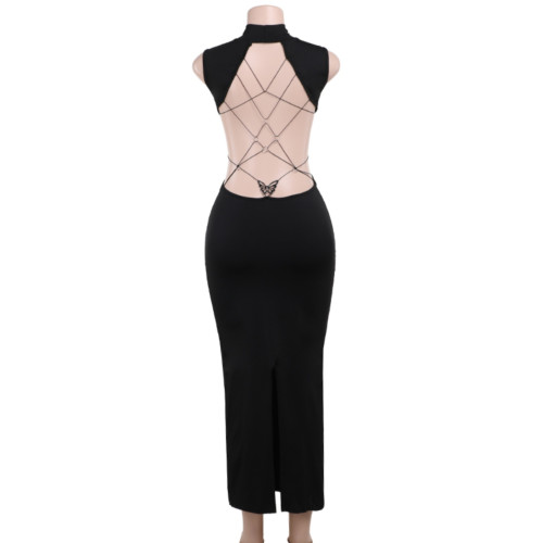 instunning 歐美金屬蝴蝶鏤空露背連衣裙女辣妹風顯瘦開叉長裙子