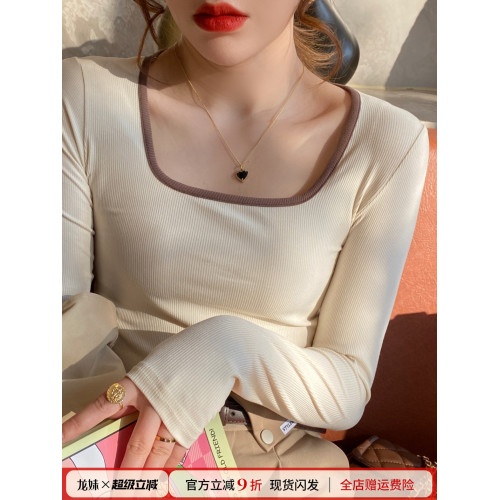 長袖t恤女裝2025秋季新款絕美內搭可外穿打底衫修身白色方領上衣