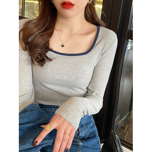 長袖t恤女裝2025秋季新款絕美內搭可外穿打底衫修身白色方領上衣