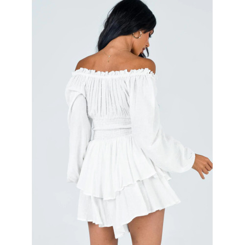 修身露肩一字領連衣裙收腰新款gao級簡約氣質短裙褲裙防走光