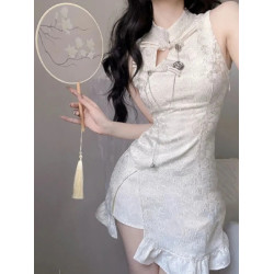 新中式國風改良旗袍無袖連衣裙女性感辣妹修身荷葉邊魚尾包臀短裙