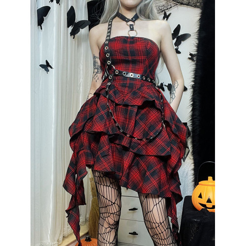 萬聖節亞比格子打歌服亞文化辣妹女團長裙搖滾演出服音樂節連衣裙