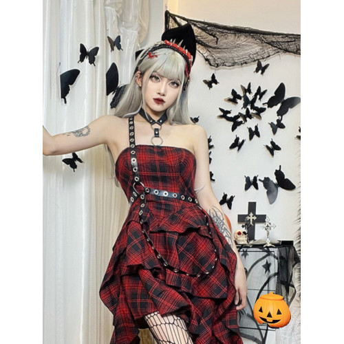 萬聖節亞比格子打歌服亞文化辣妹女團長裙搖滾演出服音樂節連衣裙