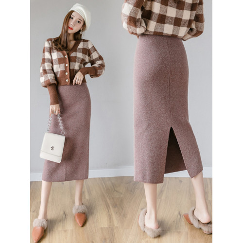 直筒包芯紗毛線裙子女中長款秋冬季新款休閒開叉包臀裙針織半身裙