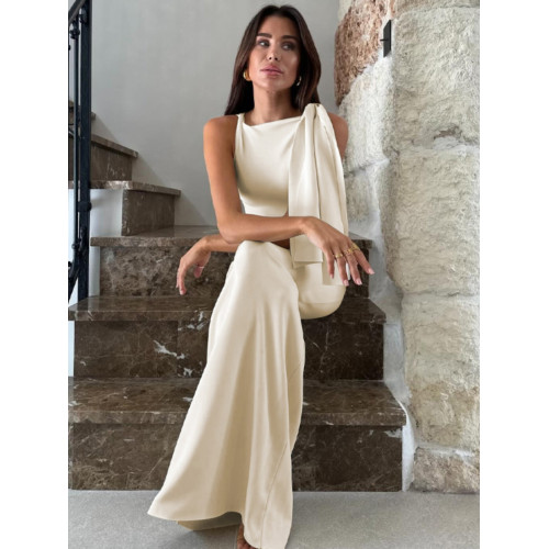 歐美風設計感綁帶露肩無袖連衣裙女夏季氣質高腰修身顯瘦過膝長裙