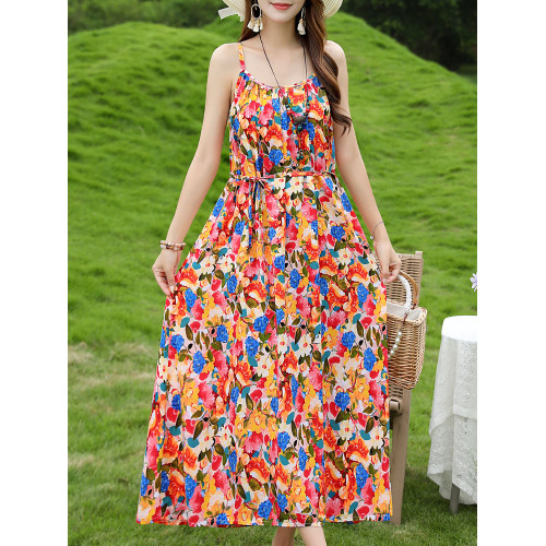 新款年輕棉綢連衣裙胖MM過膝吊帶森系高級感度假海邊女士長款長裙