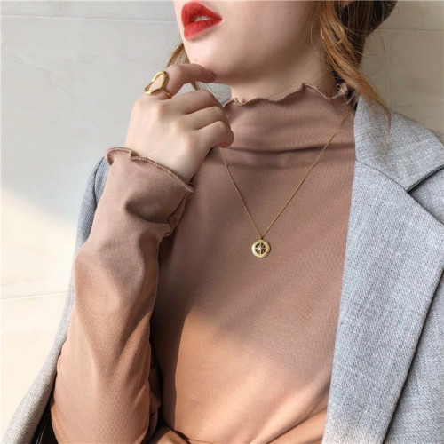 純棉半高領木耳邊打底衫女春秋新款內搭長袖t恤百搭薄款上衣