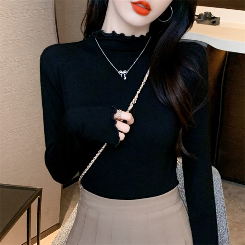 純棉半高領木耳邊打底衫女春秋新款內搭長袖t恤百搭薄款上衣