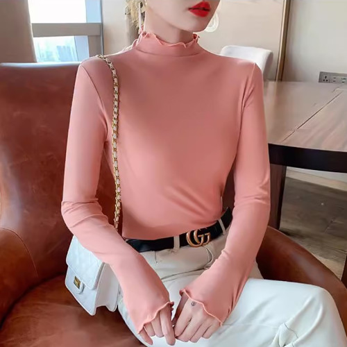 純棉半高領木耳邊打底衫女春秋新款內搭長袖t恤百搭薄款上衣