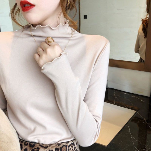 純棉半高領木耳邊打底衫女春秋新款內搭長袖t恤百搭薄款上衣