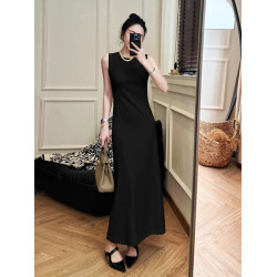 【棉羅紋高品質】法式優雅修身無袖背心式連衣裙顯瘦顯高女長裙