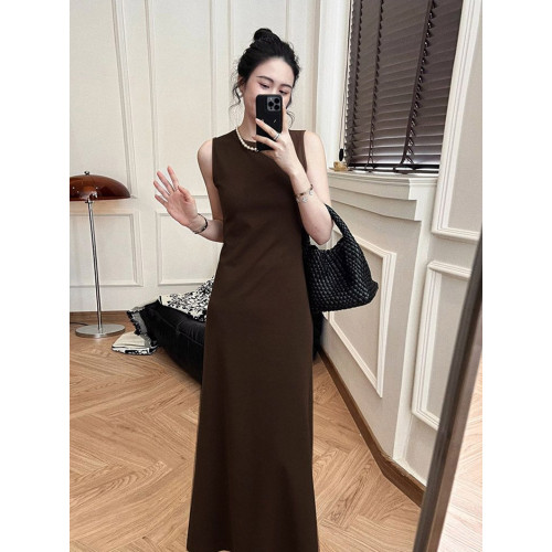 【棉羅紋高品質】法式優雅修身無袖背心式連衣裙顯瘦顯高女長裙