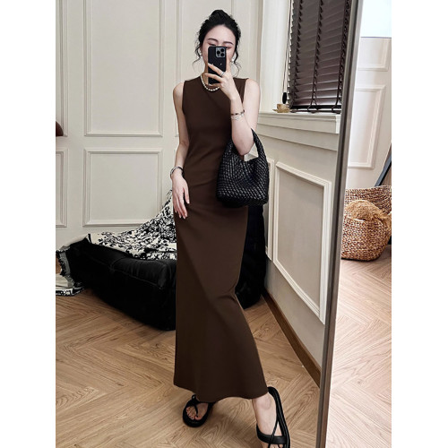 【棉羅紋高品質】法式優雅修身無袖背心式連衣裙顯瘦顯高女長裙