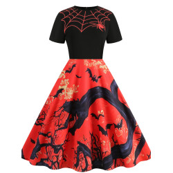 歐美萬聖節氣質拼接圓領卡通骷髏修身顯瘦大擺短袖連衣裙女DRESS