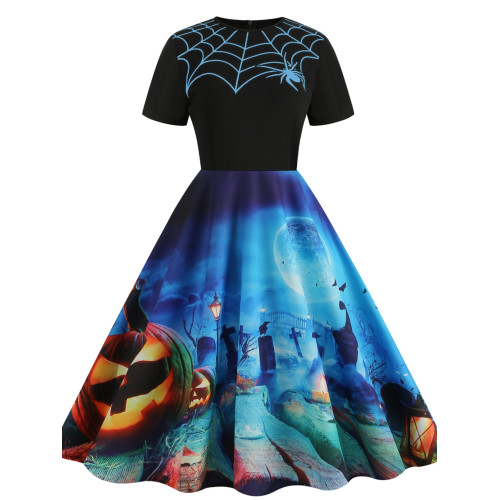 歐美萬聖節氣質拼接圓領卡通骷髏修身顯瘦大擺短袖連衣裙女DRESS