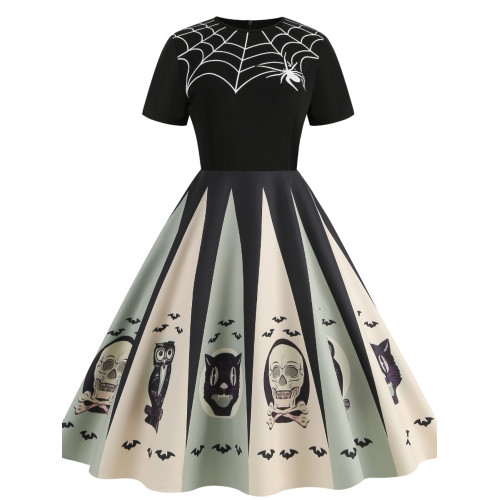 歐美萬聖節氣質拼接圓領卡通骷髏修身顯瘦大擺短袖連衣裙女DRESS